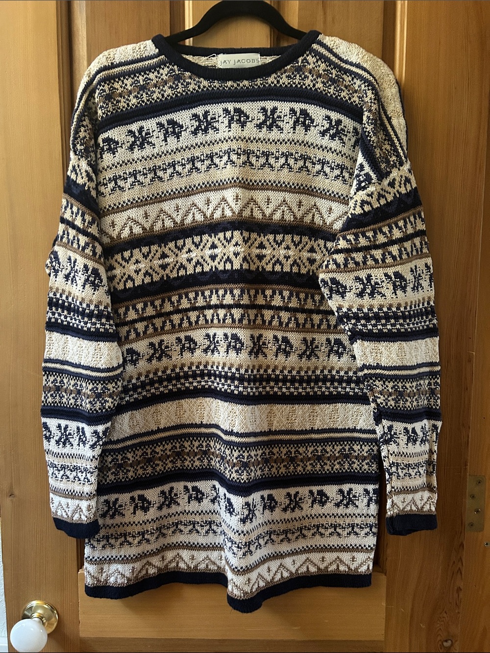 Jay Jacobs Beige and Navy Patterned Crewneck Sweater Tunic or Dress